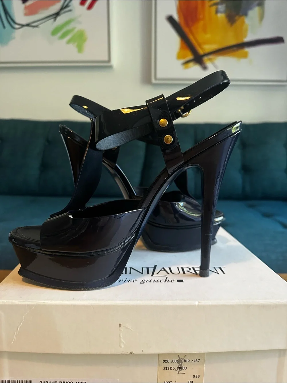Authentic YSL Saint Laurent Women's Navy Blue Patent Platform Sandals